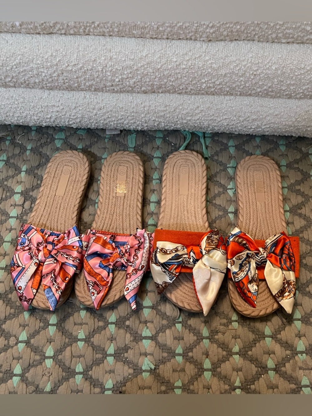 Woven Espadrille Slide Sandals with Knotted Scarf Accent - Pink & Orange
